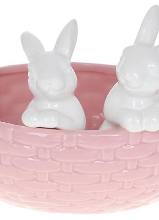 Керамическое кашпо с фигуркой Кролики 14.5см, цвет - розовый с...