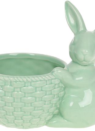 Керамическое кашпо с фигуркой Кролик 14см, цвет - зеленый