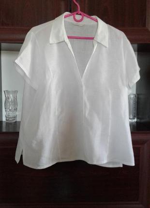 Льняная женская рубашка блузка белоснежная с коротким рукавом ...