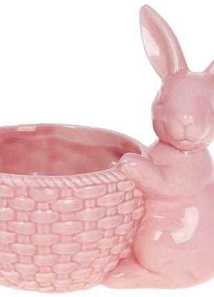 Керамическое кашпо с фигуркой Кролик 14см, цвет - розовый