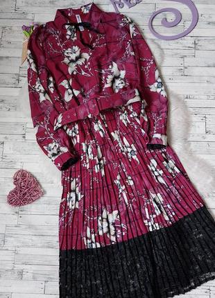 Платье бордовое behcetti с цветами плиссе с гипюром