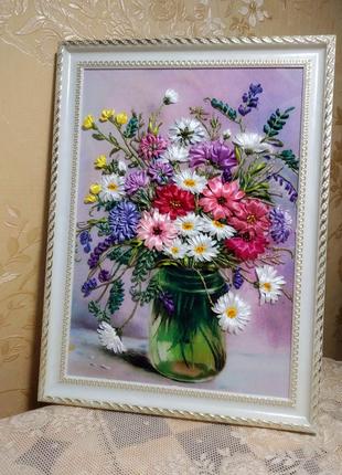 Картина с вышивкой лентами "Полевые цветы"