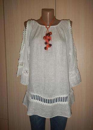 Льняная блуза с открытыми плечами бохо этно