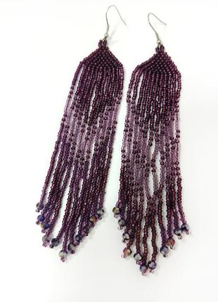 Лиловые фиолетовые длинные серьги ручная работа бисер кристаллы