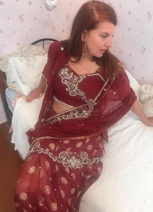 Индийское Сари для танцев размер 38-40 М красный цвет