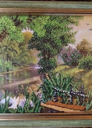 Картина "у реки"вышитая чешским бисером