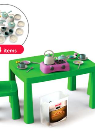 Набір Кухня дитяча 34 предмети, стіл і два стільці зелений з р...