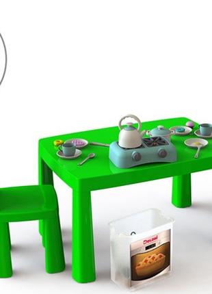 Набір Кухня дитяча 34 предмети, стіл і два стільці зелений з б...