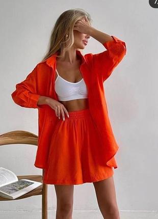 Костюм рубашка +шорты оранжевый яркий летний костюм