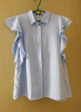 Жіноча блакитна блуза з суміші льону з оборками на рукавах
