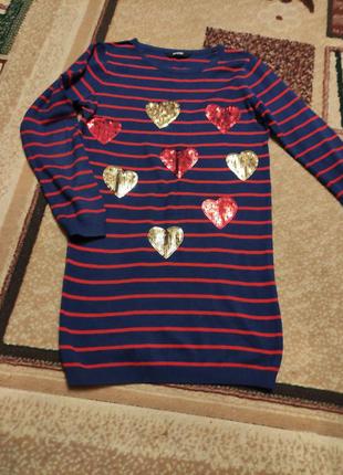 Туника-платье р 128-134 8-10лет свитер синий с паетками сердца