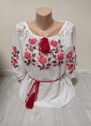 Вишиванка жіноча сорочка блуза з вишивкою шифон Троянди червон...