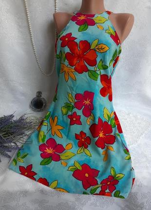 Платье сарафан открытые плечи короткое штапельное цветы яркое ...