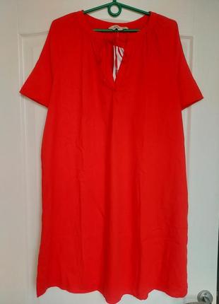 Женское красное платье с коротким рукаво со смесью льна