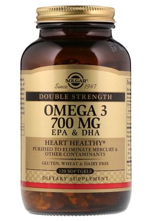 Омега-3, ЭПК и ДГК, Double Strength, 700 мг, Solgar, 120 желат...