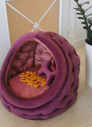 Домик лежак для собак и кошек 50 см Фиолетовый Велюр, игрушка-...