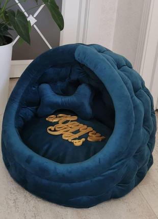 Домик лежак для собак и кошек 40 см Синий Велюр, игрушка-косточка