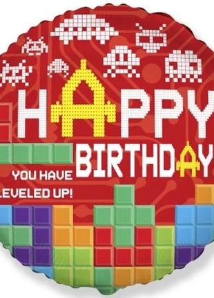Фольгированный шар Круг Flexmetal "Happy Birthday. Level Up" 18`