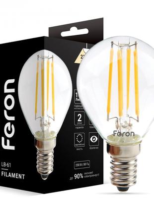 Світлодіодна лампа Feron LB-61 4W 2700K E14 філамент куля
