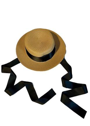 Жіночий сонцезахисний капелюх канотьє коко бежевий з чорною ст...