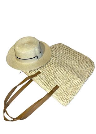 Комплект сонцезахисний капелюх солом’яний канотьє з сумкою-шоп...