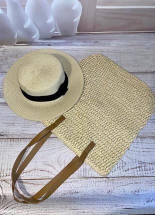 Жіночий капелюх солом’яний сонцезахисний з сумкою - шопер з ра...