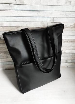 Женская черная сумка шоппер с большим карманом и двумя ручками...