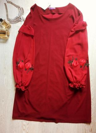 Бордовое короткое миди платье с рукавами шифон вышивка розами ...