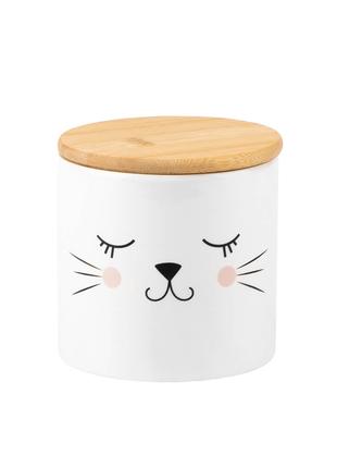 Керамическая емкость "Кошечка" с деревянной крышкой для кухонн...