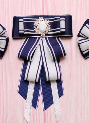 Школьный набор бело-синий: галстук и банты 612
