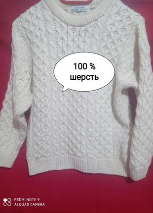 Шерстяной irish knit  вязанный белый молочный кремовый свитер ...