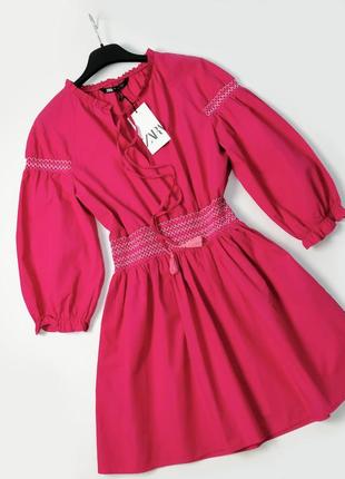 Новое розовое платье в вышивку хлопок zara