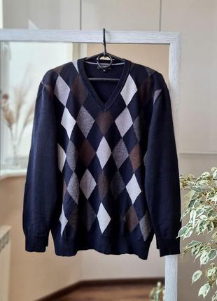 Шерстяной свитер джемпер пуловер в ромбы 100% шерсть