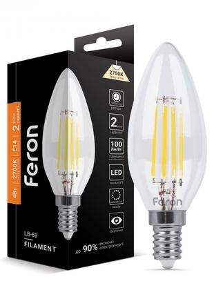 Світлодіодна лампа Feron LB-68 4W 2700K E14 філамент свічка