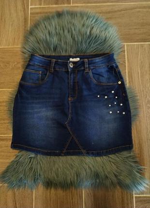 Стильна жіноча джинсова спідниця з перлинками 44-46 р