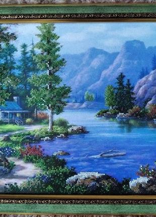 Картинам"домик у озера"вышитая чешским бисером.