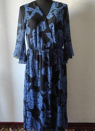 Длинное нарядное сине-черное шифоновое платье