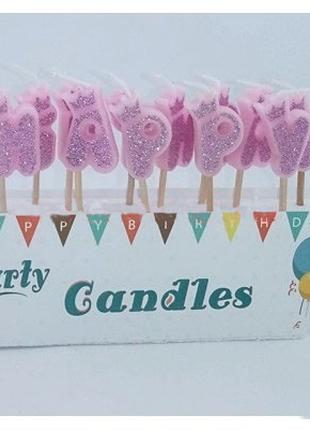 Свечи-буквы для торта "Happy Birthday", цвет - розовый с блест...