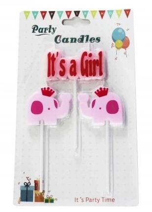Свечи для торта "Слоники. Its a Girl", цвет - розовый
