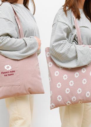 Экологичная женская сумка шоппер из льна с цветочным принтом