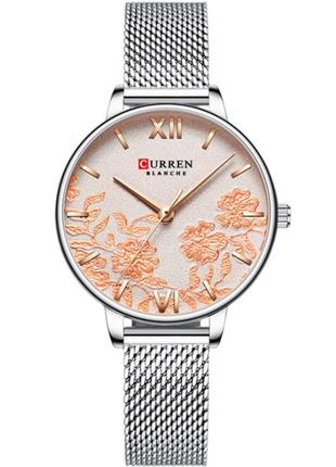 Жіночий годинник металевий Curren Blanche з квітами Сріблястий