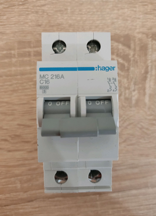Автоматичний вимикач Hager 2P 16A C 6kA (MC216A)