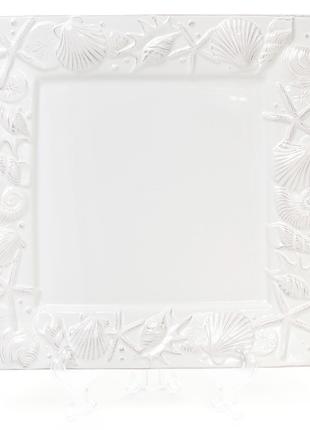Блюдо керамическое квадратное 26см Морские мотивы, цвет - белый