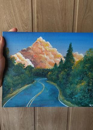 Картина акриловими фарбами хмари та дорога до лісу та кавунчики