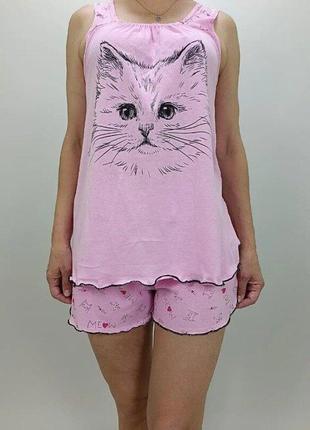 Пижама женская летняя хб жіноча легка піжама котик шорти майка