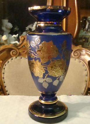 Шикарна ваза кобальт кольоровий кришталь позолота богемія чехо...