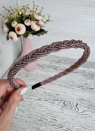 Красивый тонкий бисерный обруч с плетением коса темно-розовый