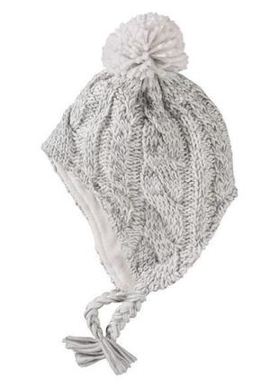 Шапочка вязанная на флисе 1 год полоска бело-серая ушанка lupilu