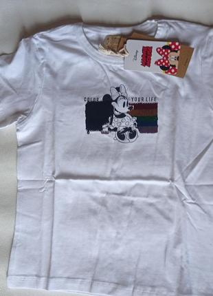 Детская белая футболка disney для девочки 128 паетки minnie mouse