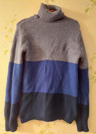 Шерстяной вязаный свитер с высоким воротником трехцветный